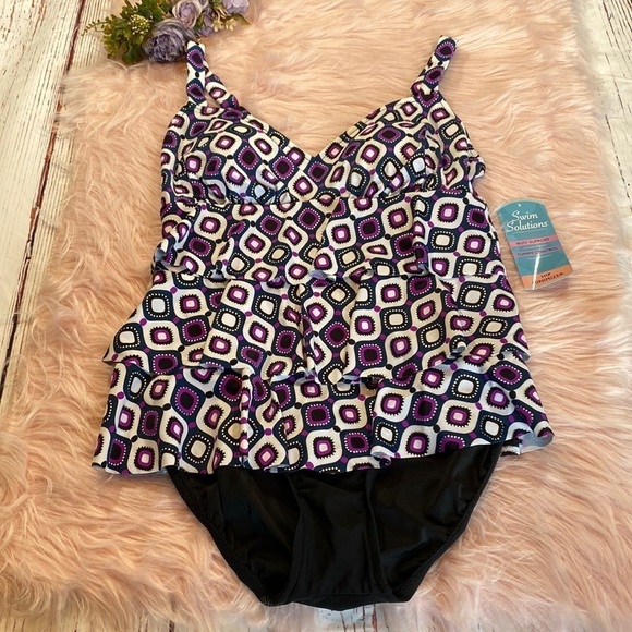 NWT Swim Solutions Triple Tier Fauxkini Ruffled One Piece Swimsuit sz 12 - Picture 2 of 14